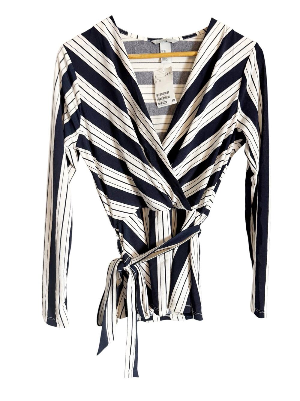 H&M Navy White Striped Surplice V-Neck Faux Wrap Tie Waist Long Sleeve Top XS